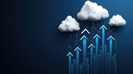 Business development and dynamic growth for success. Graphical illustration of upward trends with clouds and arrows on a dark blue background.