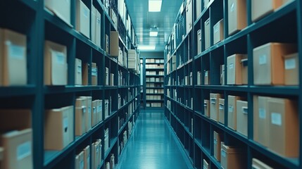 Poster - A long corridor lined with shelves filled with neatly stacked cardboard boxes in a storage facility.