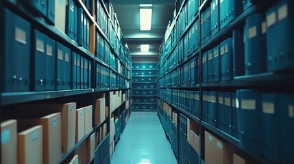Poster - A narrow corridor lined with shelves filled with blue archival boxes, creating a sense of organization and depth in a storage space.
