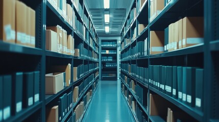 Poster - A narrow aisle between shelves filled with neatly organized boxes and files, illuminated by bright overhead lights in a storage or archive facility.