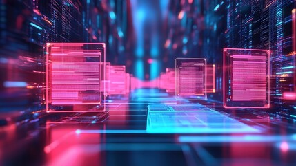 Poster - A colorful, futuristic digital corridor filled with glowing blocks and streams of data in vibrant shades of blue and pink.