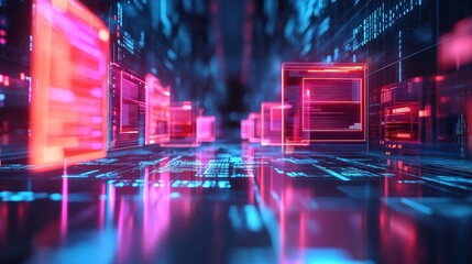 Poster - A futuristic digital landscape with glowing neon blocks and circuits, creating a vibrant, tech-inspired atmosphere.