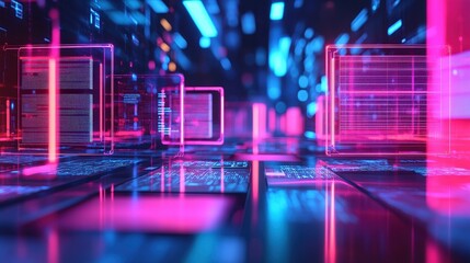 Fototapete - A vibrant, futuristic digital landscape with glowing cubes and neon lines, conveying a sense of advanced technology and virtual environments.
