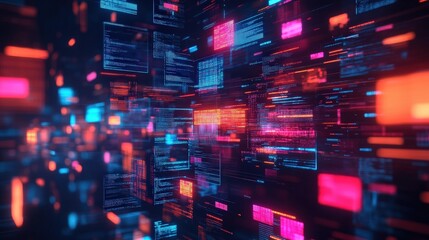 Poster - A vibrant, abstract digital representation showcasing colorful data streams and code elements in a futuristic environment.