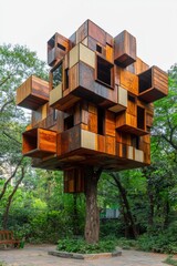 Poster - A treehouse designed with walls and roofs resembling puzzle tiles