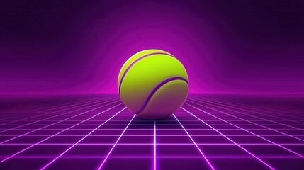 Poster - Neon Tennis Ball on Futuristic Grid with Purple Background