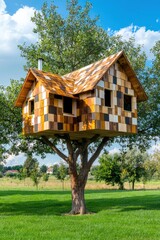 Poster - A treehouse designed with walls and roofs resembling puzzle tiles