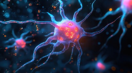 Poster - A vivid depiction of a neuron, highlighting its intricate structure and glowing connections against a dark background, representing the complexity of the nervous system.