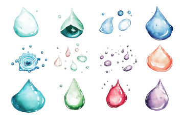 Poster - Watercolor illustration showcasing a collection of diverse water droplets in various colors and styles