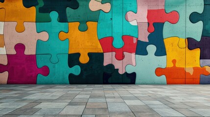 Poster - A vibrant graffiti wall featuring large puzzle shapes and neon colors