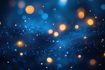 Poster - Glittering blue particles background with golden bokeh lights