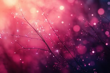 Poster - Twigs covered in sparkling dew drops on a pink and purple background