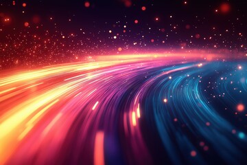 Poster - Light trails forming a colorful curved path through space with glowing particles