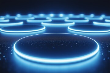 Poster - futuristic neon illuminated podiums creating a modern stage for products