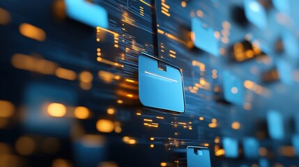 Poster - A digital abstract image featuring glowing blue folder icons against a dark background, symbolizing data storage and technology.