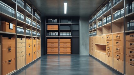 Poster - A modern archive room featuring organized shelves and storage boxes, showcasing a clean, minimalist design for efficient document management.