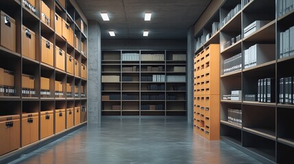 Poster - A modern storage room filled with organized shelves, boxes, and files, creating a clean and functional workspace.