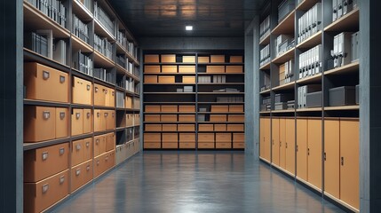 Poster - A modern archival storage room featuring wooden cabinets and metal shelves filled with files and boxes, creating an organized workspace.