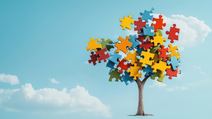 Poster - A whimsical illustration of puzzle pieces floating in the shape of a tree