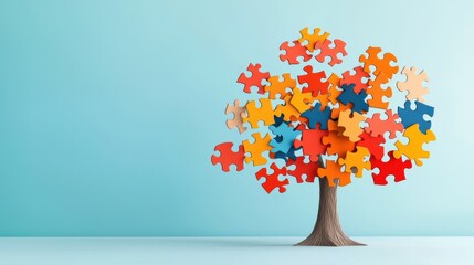 Poster - A whimsical illustration of puzzle pieces floating in the shape of a tree