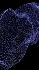 Fototapete - Flowing hexagonal mesh with subtle colored nodes forming a wave-like structure on a black background, creating a futuristic and minimalistic design.