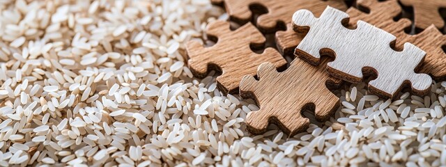 Poster - A whimsical representation of puzzle pieces floating on a river of rice grains