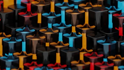 Fototapete - Colorful 3D columns in black, red, blue, and yellow, arranged in a glossy, repeating pattern, creating a vibrant abstract design with bold reflections........