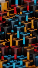 Aufkleber - Colorful 3D columns in black, red, blue, and yellow, arranged in a glossy, repeating pattern, creating a vibrant abstract design with bold reflections........