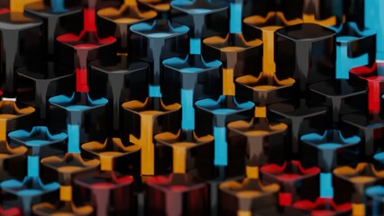 Fototapete - Colorful 3D columns in black, red, blue, and yellow, arranged in a glossy, repeating pattern, creating a vibrant abstract design with bold reflections........