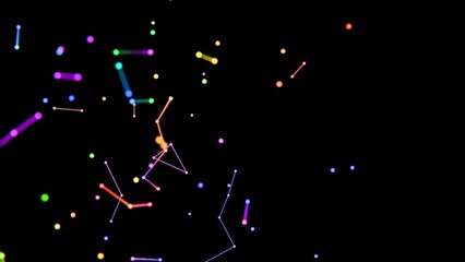 Fototapete - Neon-colored dots, lines, and shapes floating across a black background, forming a vibrant, futuristic scene with hints of cosmic geometry and minimalistic design........