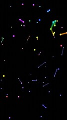 Fototapete - Neon-colored dots, lines, and shapes floating across a black background, forming a vibrant, futuristic scene with hints of cosmic geometry and minimalistic design........