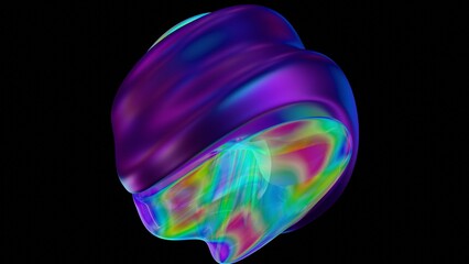 Poster - Swirling orb in vibrant purple, rainbow, and blue hues with a fluid gradient and luminous glow on a black background, forming a dynamic and futuristic abstract design........