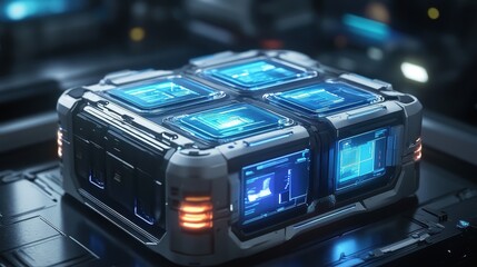 Poster - A futuristic, illuminated container featuring blue digital screens, suggesting advanced technology and data storage in a sleek, sci-fi design.