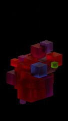 Poster - Dark geometric composition of stacked translucent cubes with subtle neon hues, creating a moody and futuristic design with depth and color layering........