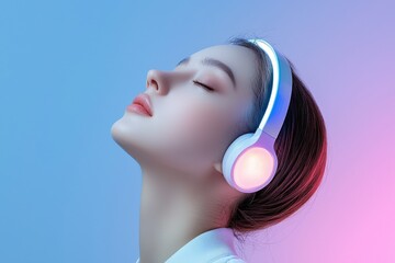 Poster - A woman wearing headphones is looking at the camera