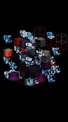 Aufkleber - Complex arrangement of black, wireframe, and colored cubes forming a floating 3D structure on a black background, creating a futuristic, minimal, and conceptual design........