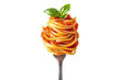 © Splash - A single fork holding a twirled portion of spaghetti with tomato sauce and basil on a white background