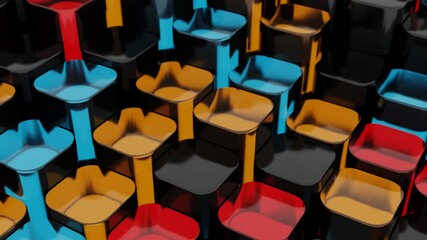 Fototapete - Colorful 3D columns in black, red, blue, and yellow, arranged in a glossy, repeating pattern, creating a vibrant abstract design with bold reflections.