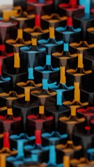 Poster - Colorful 3D columns in black, red, blue, and yellow, arranged in a glossy, repeating pattern, creating a vibrant abstract design with bold reflections.