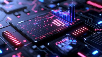 Poster - A high-tech digital infographic featuring animated business growth charts, a futuristic 3D rendering of global market trends with glowing bar graphs and analytics