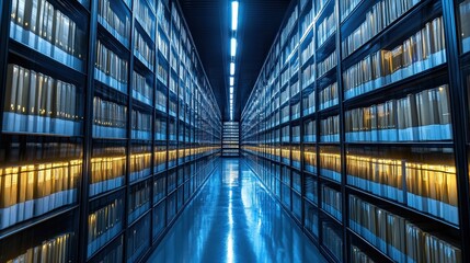 Poster - A futuristic archive with illuminated shelves, displaying neatly organized files and reflecting light off a polished floor.