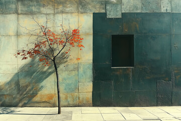 Poster - Small tree with orange leaves growing near a two-colored wall