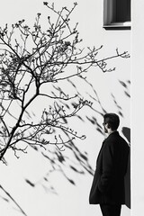 Poster - Businessman leaning against white wall next to bare tree casting shadow