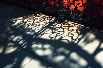 Poster - Wrought iron gate casting shadow on tiled floor