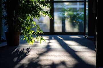 Poster - Potted bamboo plant casting shadows in sunlit office space