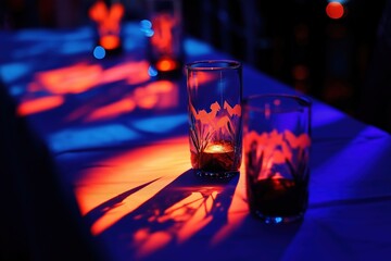 Poster - Two crystal glasses casting shadows on table with red and blue lighting
