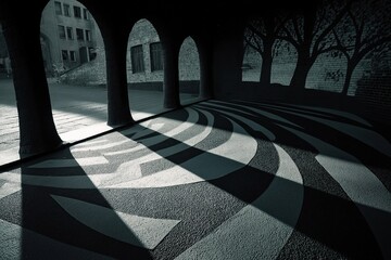 Poster - Sunlight creating shadows and stripes on the floor of a passage
