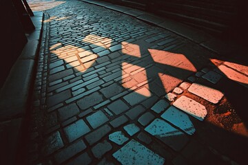 Poster - Cross shaped shadows falling on cobblestone street