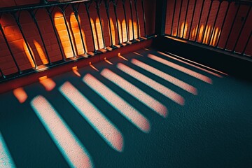 Poster - Sunlight casting shadows from railing onto textured floor
