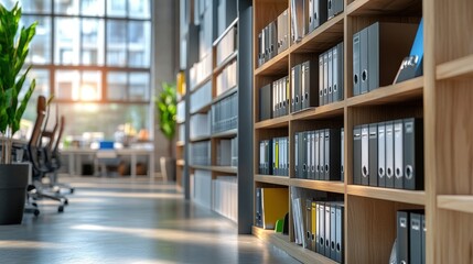 Poster - A modern office space featuring organized shelving, files, and green plants, with ample natural light streaming through large windows.